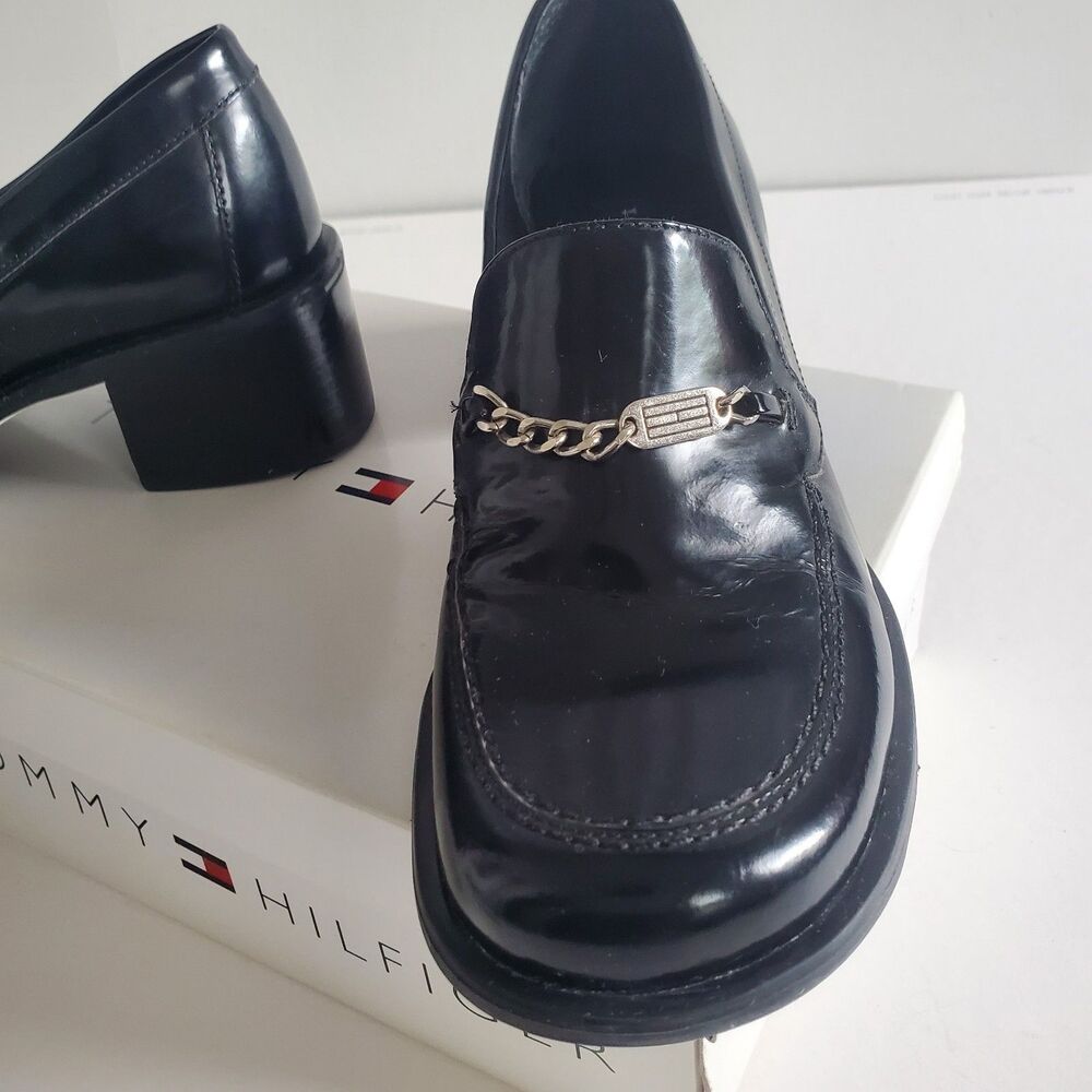 VTG Tommy Hilfiger Women’s Loafers Size 7 Black Patent Loafer Block Heel Y2K - Picture 4 of 13